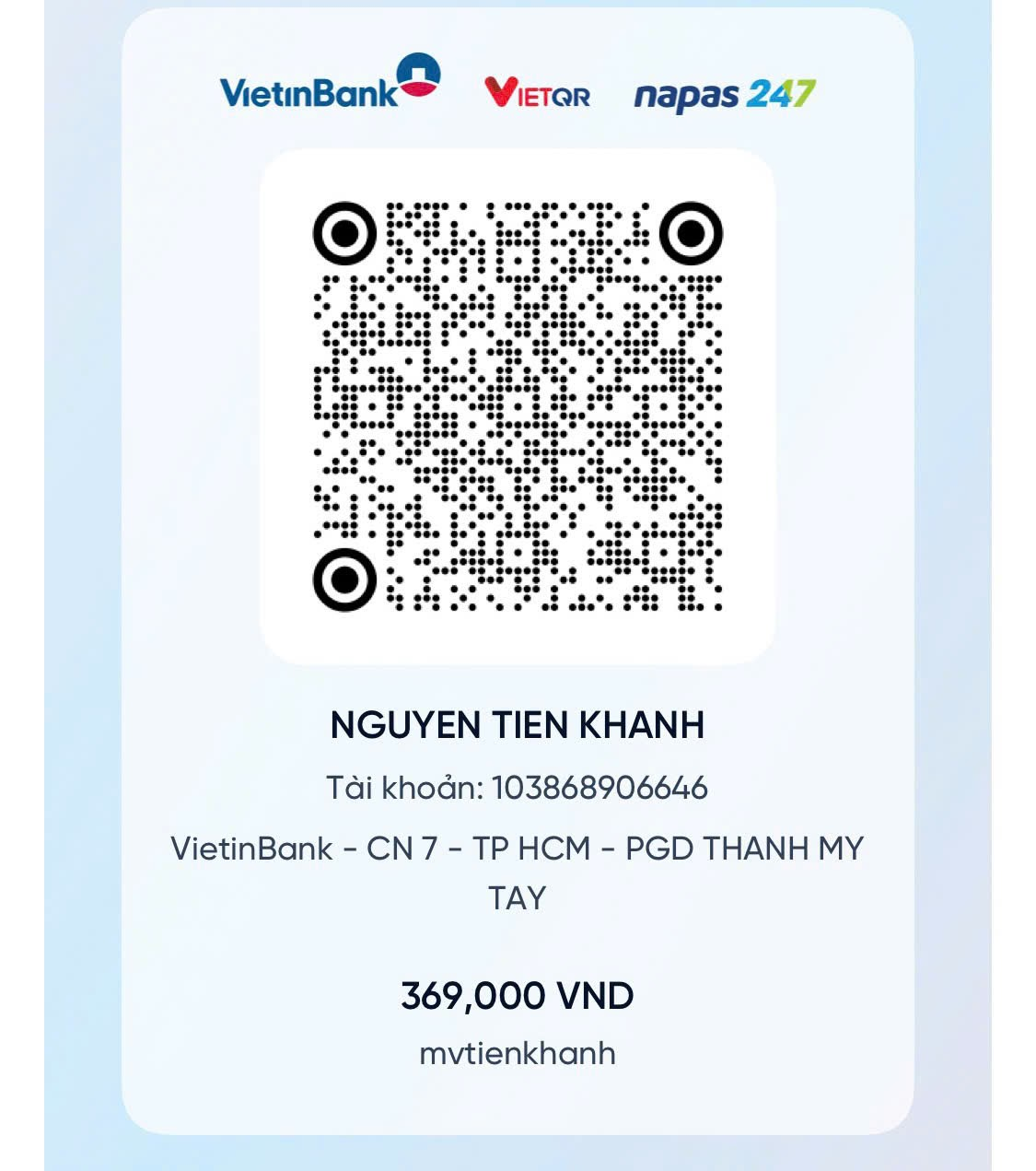 Mã QR chuyển khoản VietinBank 369.000 đồng